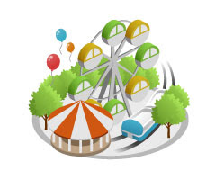 無料素材 遊園地を描いたイラストアイコン 観覧車やコースターにメリーゴーランドなど