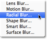Selecting the Radial Blur filter in Photoshop. Image © 2011 Photoshop Essentials.com.
