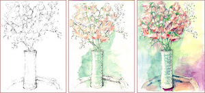 スィートピー かすみ草 絵手紙塗り絵 描き方 塗り絵で癒し 風景画 花の絵