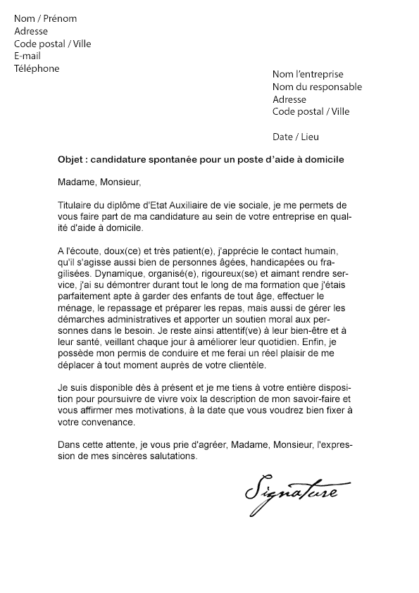 Lettre de motivation Aide à domicile - Modèle de Lettre