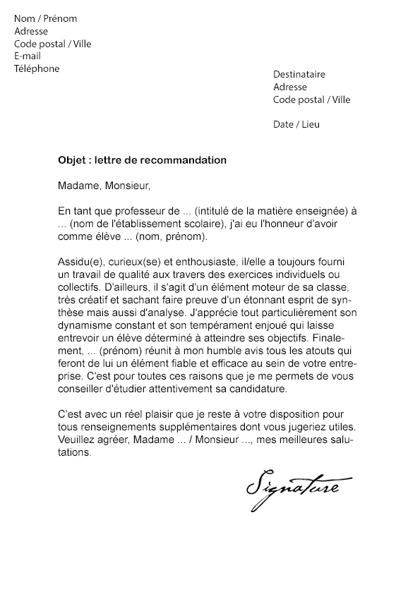 Lettre de recommandation Étudiant - Modèle de Lettre