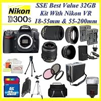 Nikon D300s 12.3MP Digital SLR Camera with With Nikon 18-55mm And Nikon 55-200mm VR Lens Kit INCLUDING 3 Extra Lens + 32GB COMPACT FLASH MEMORY CARD + 2x EXTENDED LIFE BATTERIES + AC/DC Rapid Home/Car Charger + TRIPOD & MUCH MORE !!
