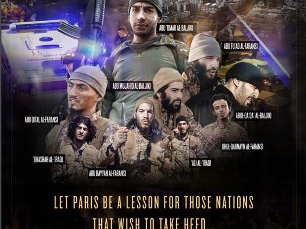Pôster publicado na revista do grupo Estado Islâmico mostra jihadistas dos ataques de novembro em Paris (Foto: Reprodução/ Dabiq)