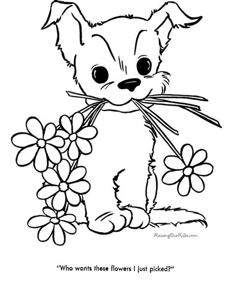 These coloring pages offer an enjoyable and creative outlet for individuals of all ages. puppy with flowers colouring pages