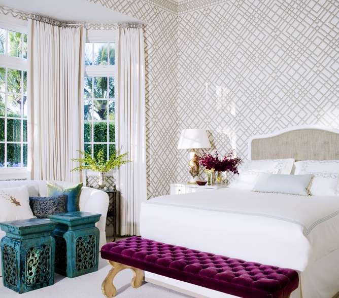 Suzie: Kemble Interiors  Sara Gilbane  tan fuchsia green bedroom design with linen camel back ...