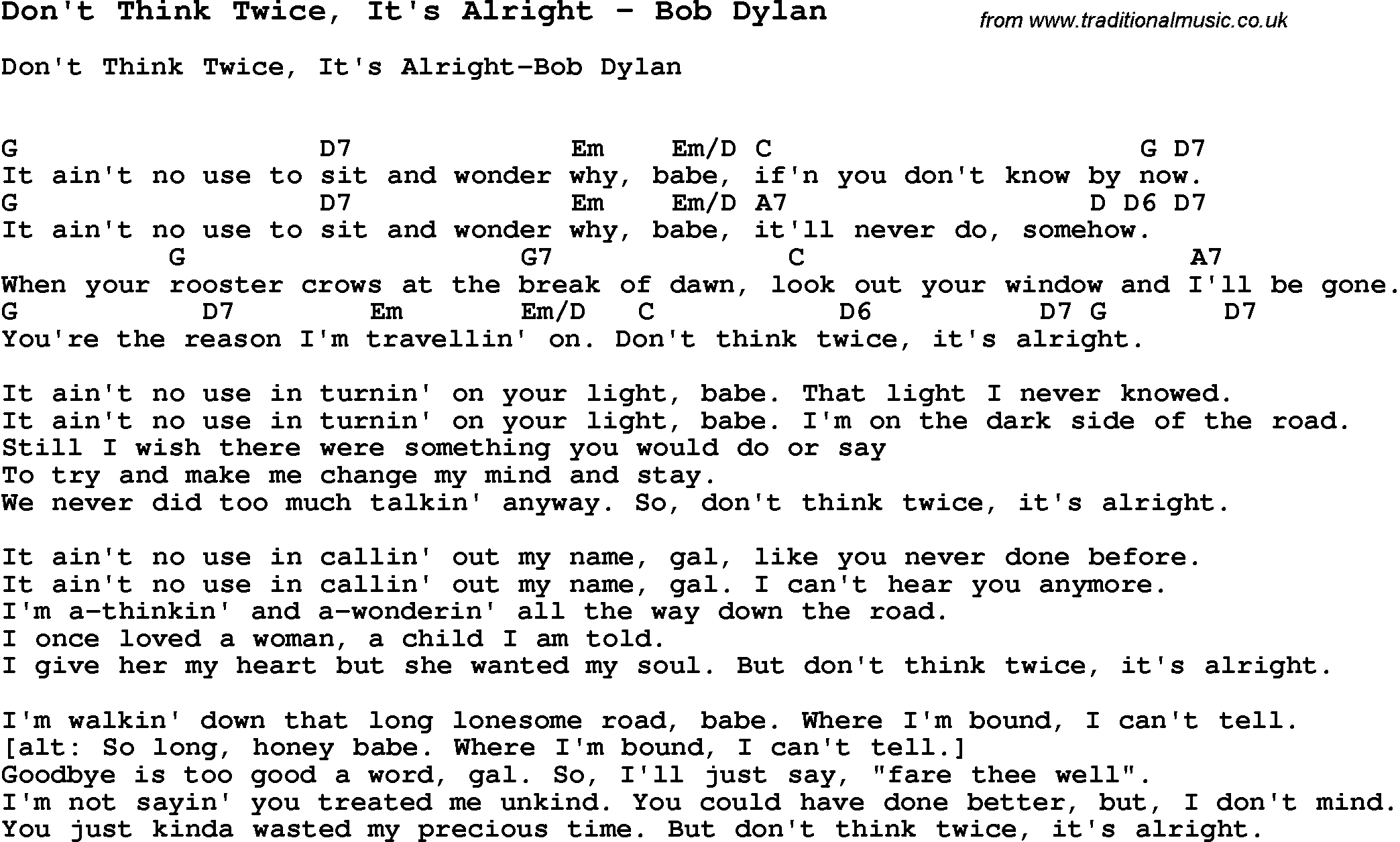 Song Don T Think Twice It S Alright By Bob Dylan Song Lyric For Vocal Performance Plus Accompaniment Chords For Ukulele Guitar Banjo Etc