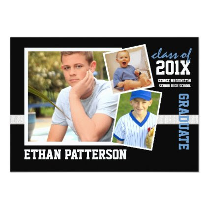 Sporty 3 Photo Graduation Announcement Black Blue
