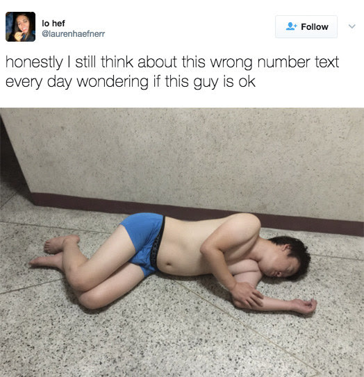 This person who got sent a picture of a man passed out in his underwear in a hallway: