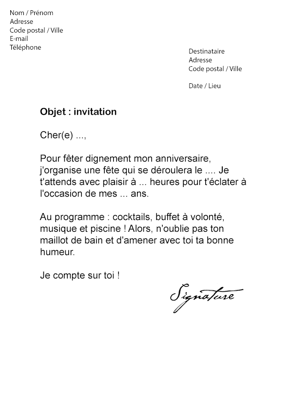 Lettre d'invitation Anniversaire - Modèle de Lettre