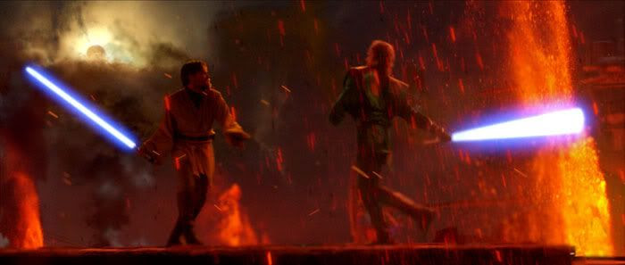Lightsabers clash on Mustafar.