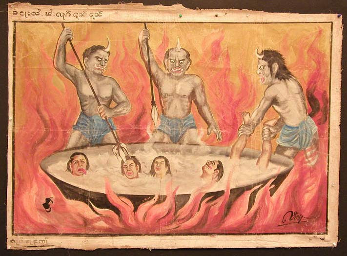 Demonios haciendo una paella con los condenados