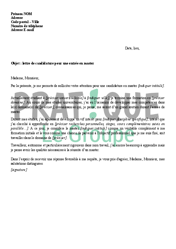 Lettre de candidature pour une entrée en master  Pratique.fr