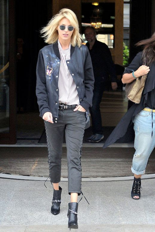 Le Fashion Blog Model Off Duty Style Anja Rubik Bomber Jacket Striped Shirt Lace Up Cropped Grey Jeans Spike Embellished Ankle Boots Via Popsugar