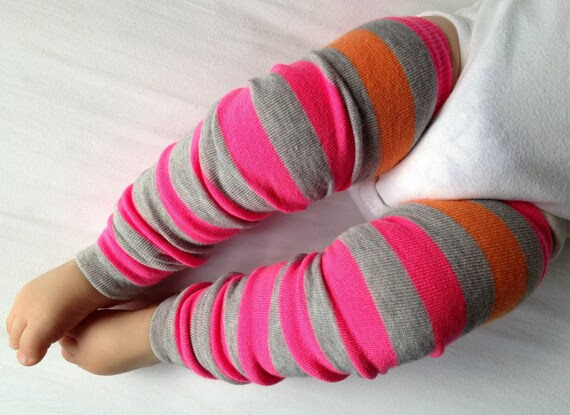 Pink Gray With Orange Stripe Baby Legs / Girl Leg Warmers