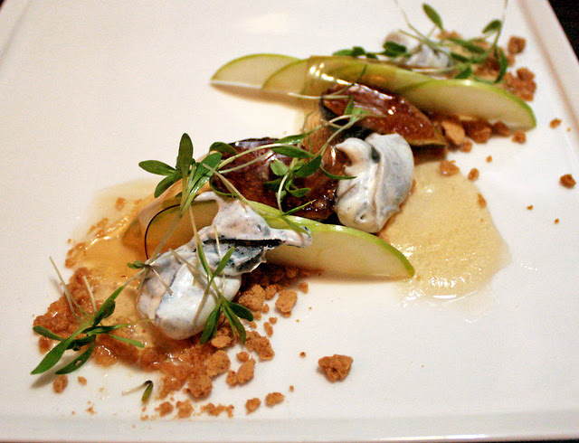 Ginger biscuit crumble, apple and fig, burnt butter, apple chip, micro coriander and gunpowdered mascarpone