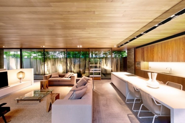 Lambris bois plafond associ au sol dans une maison design Lambris bois plafond associ au sol dans une maison design
