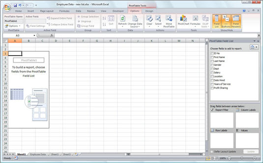 New pivot table displaying the blank table grid and the PivotTable Field List task pane.