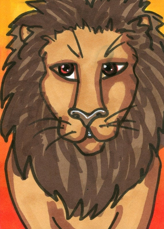 Lion ACEO Animal Jungle King Stylized Cartoon Mini Art Card Original OOAK ATC
