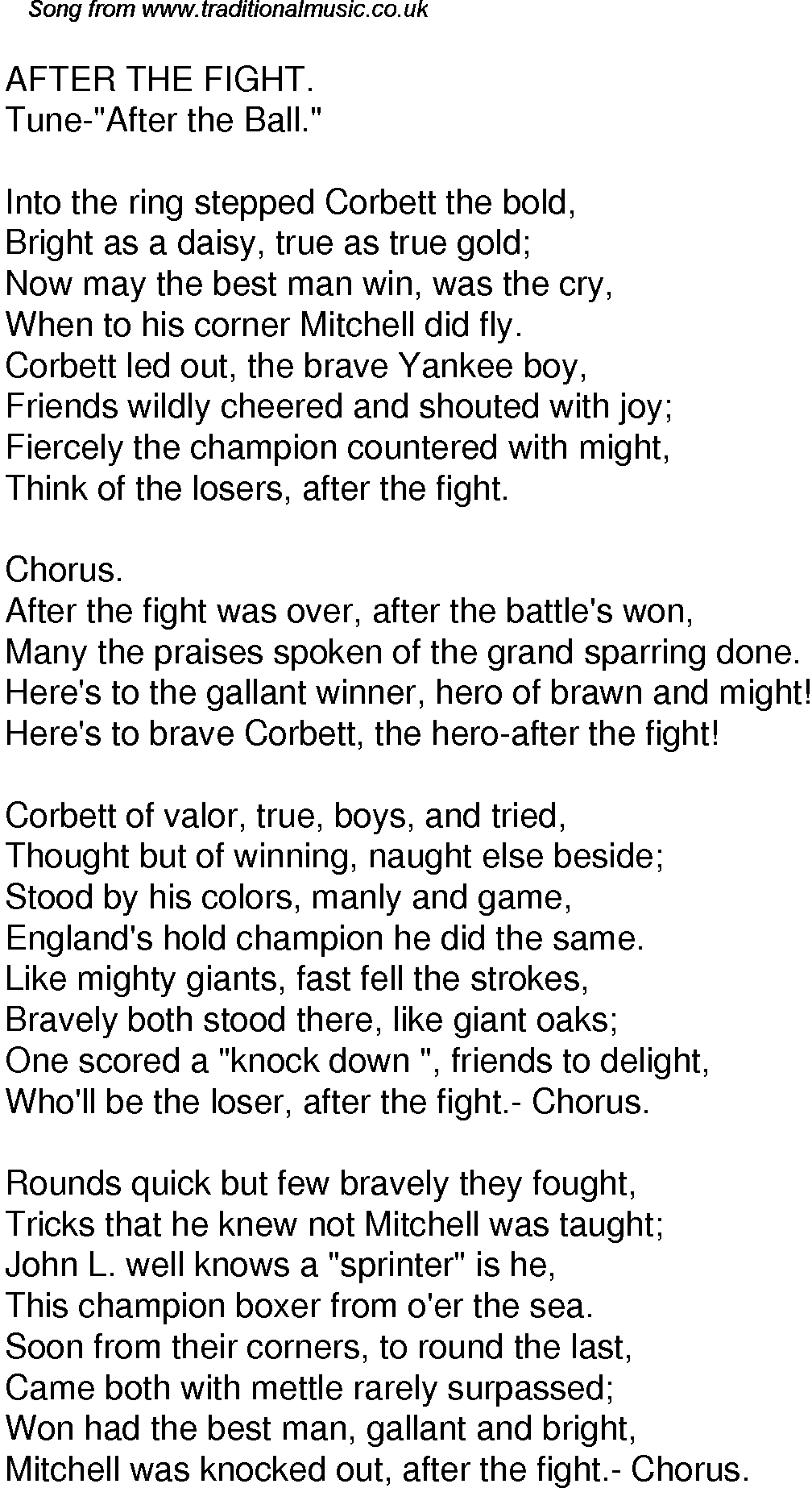 Old Time Song Lyrics For 42 After The Fight