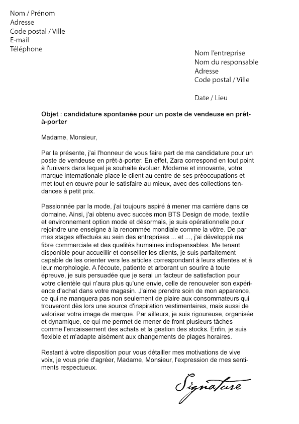 Lettre de motivation alternance vente pret a porter 