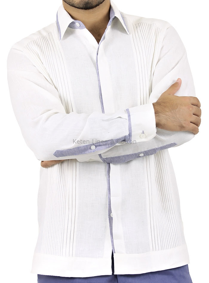 Guayabera Shirt 100 Linen White With Tucks And Blue Details