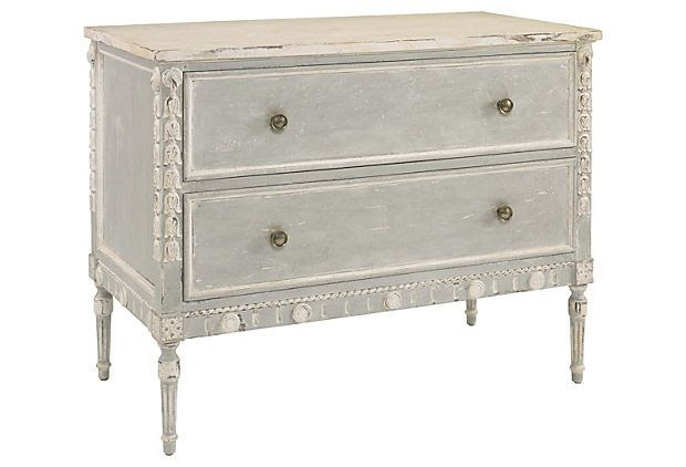Halse Chest of Drawers on OneKingsLane.com The gently distressed painted gray finish, the antiqued hardware, the fluted legs, and the ornate carved detailing give this two-drawer chest a Gustavian elegance.