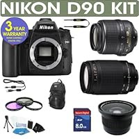REFURBISHED Nikon D90 Digital Camera + Nikon 18-55mm VR Lens + Nikon 70-300mm Lens + .40x Wide Angle Fisheye Lens + 8 GB Memory + 3 Year Celltime Warranty