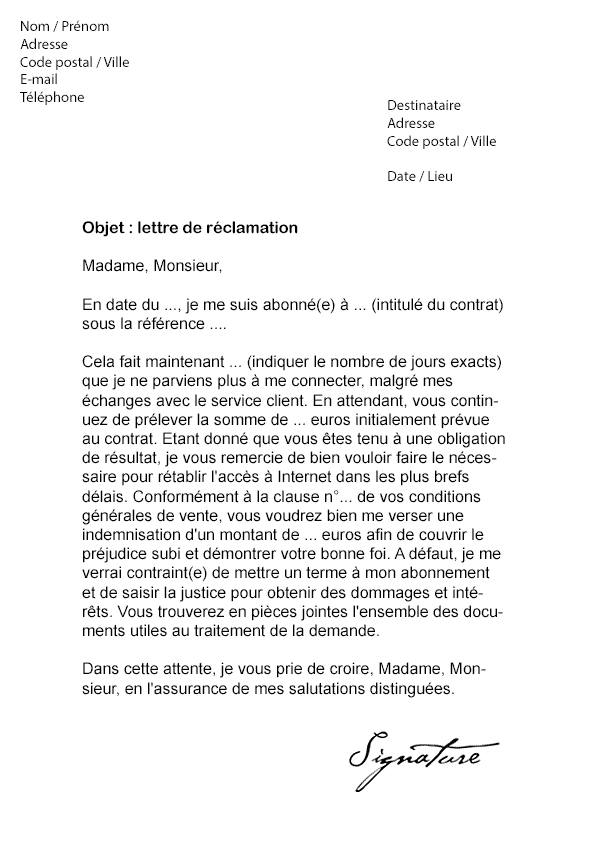 Lettre de réclamation SFR (Remboursement suite à une panne 