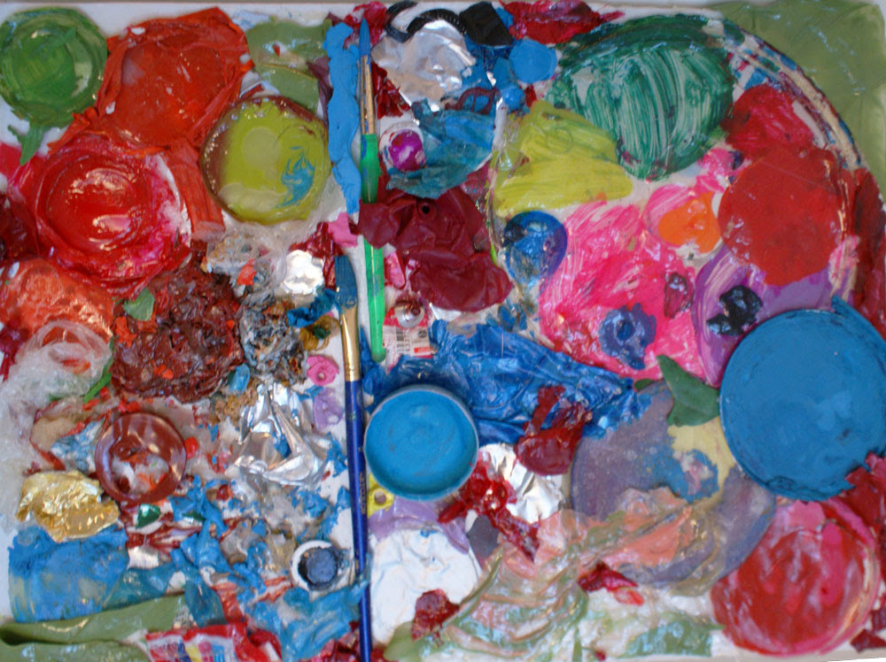 Imperfect Things, assemblage of paint skins, paint brushes, and found objects on canvas