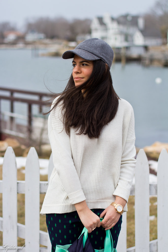 printed pants, white sweater, baseball cap-5.jpg