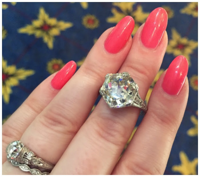 This 8.18 hexagonal diamond ring was purchased in Paris in 1910. It was lost for many years, and found in the 1990's by a young girl looking for her lost hamster. At Simon Teakle.