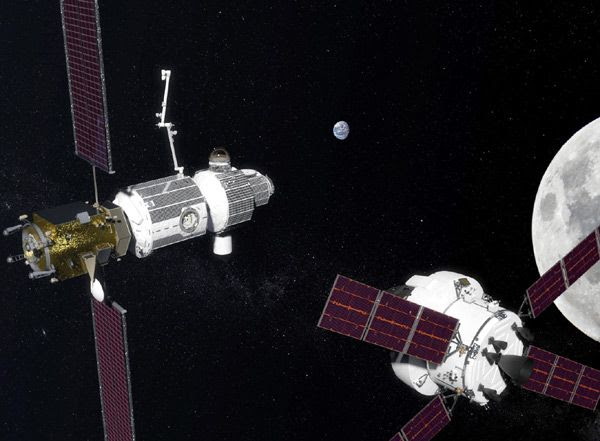 An artist's concept of NASA's Orion spacecraft approaching the Lunar Orbital Platform-Gateway above the Moon.