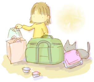 もちぐら さくらもち市長のイラスト倉庫 No 0256 イラスト 旅の荷物の片付けをする私とくつした ネコ