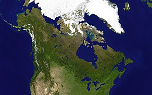 A satellite composite image of Canada.