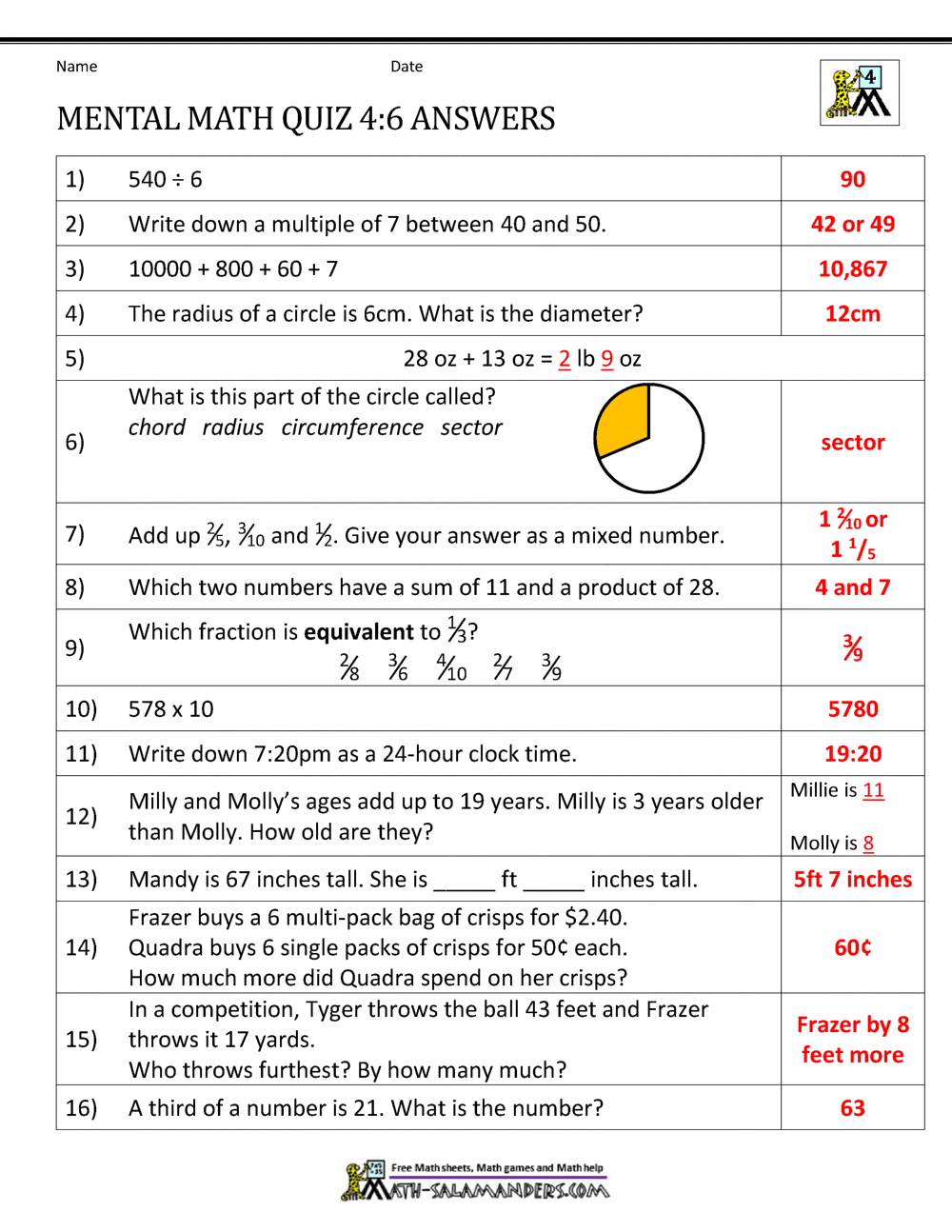 Mental Math 4th Grade