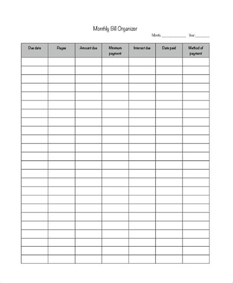  free 9 sample bill organizer in pdf ms word excel