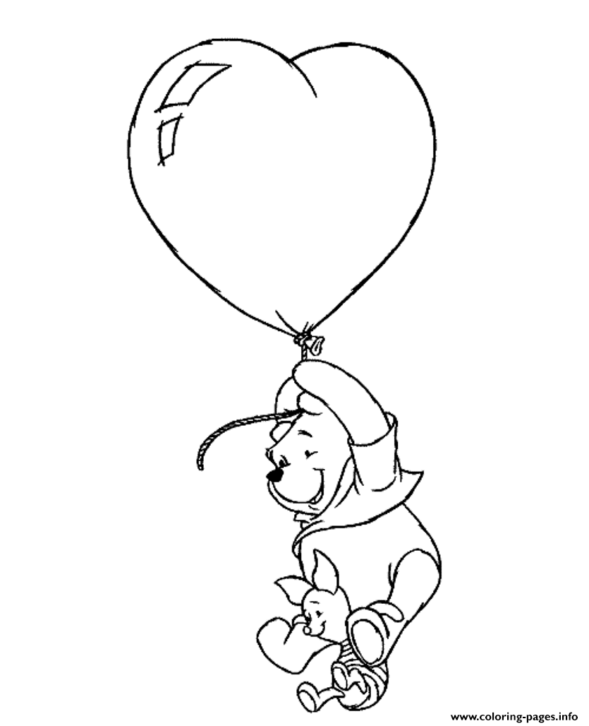 Winnie And Piglet Flying With Heart Balloon Valentine 6522 coloring pages