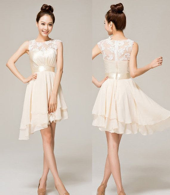 Ivory short lace prom dress beige A-line Princess Straps Knee-length ...