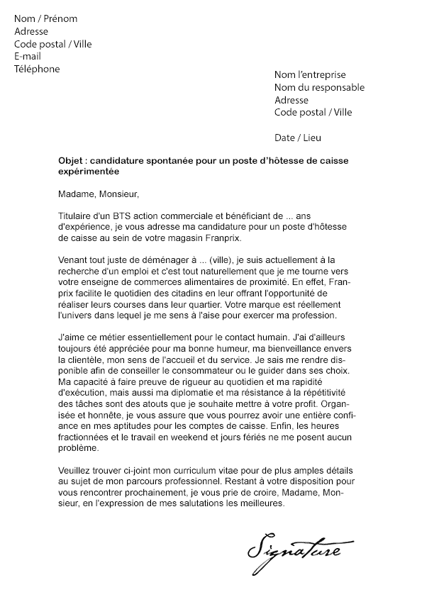 Lettre de motivation Franprix - Modèle de Lettre