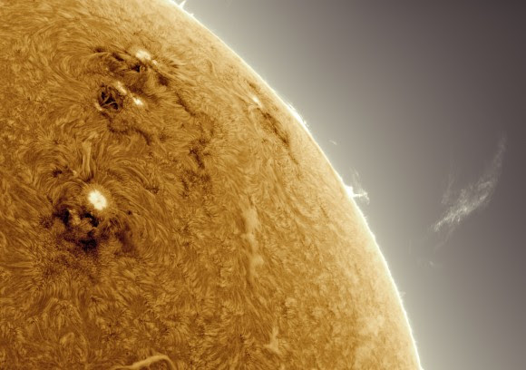 Sunspots and a detached prominence photographed on July 11, 2014. (© Alan Friedman, All Rights Reserved.)
