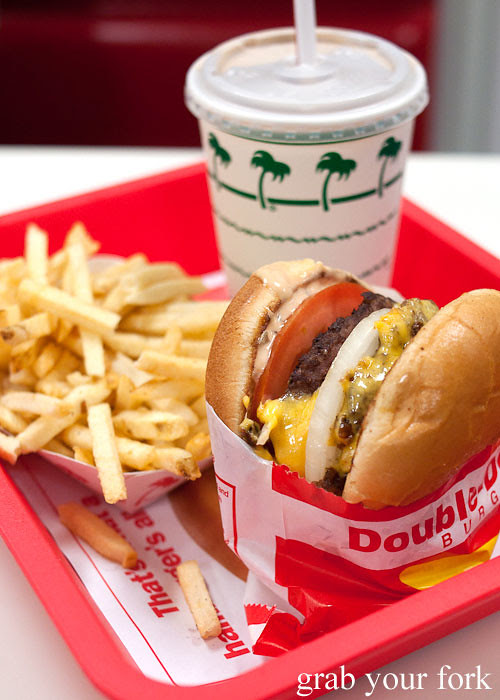 double double burger with french fries and chocolate shake at in-n-out burger la los angeles american fast food
