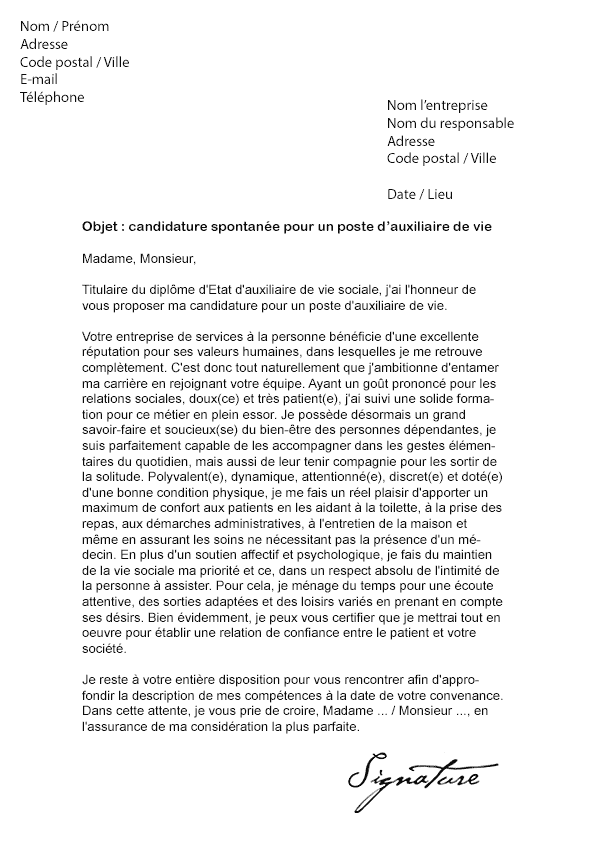 Lettre de motivation Auxiliaire de vie - Modèle de Lettre