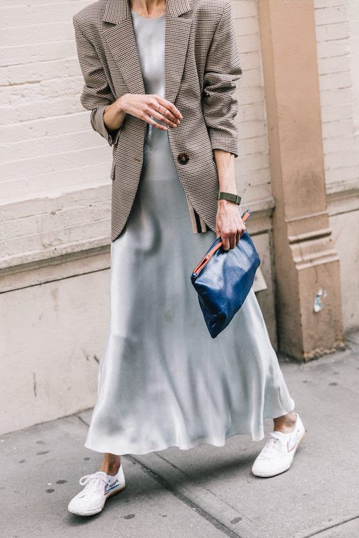 Le Fashion Blog NYFW Menswear Plaid Blazer Slip Dress Blue Clutch White Sneakers Via Collage Vintage 