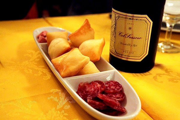 mortadella in the back, gnocco fritto, salame, and lambrusco.  trattoria gigina, bologna