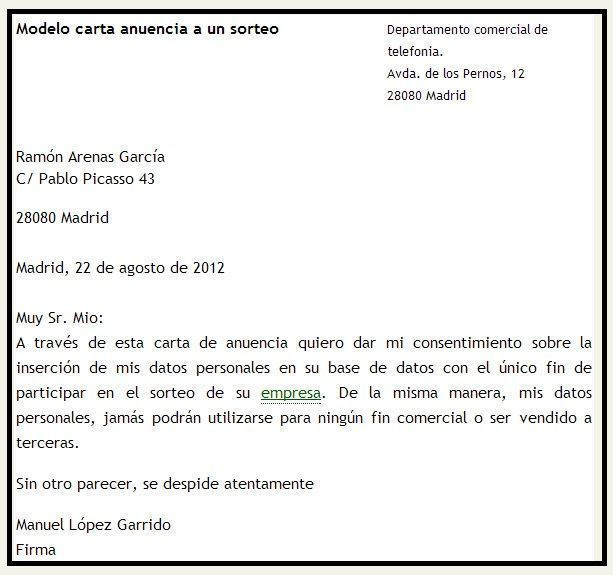 Modelo de carta de anuencia o consentimiento