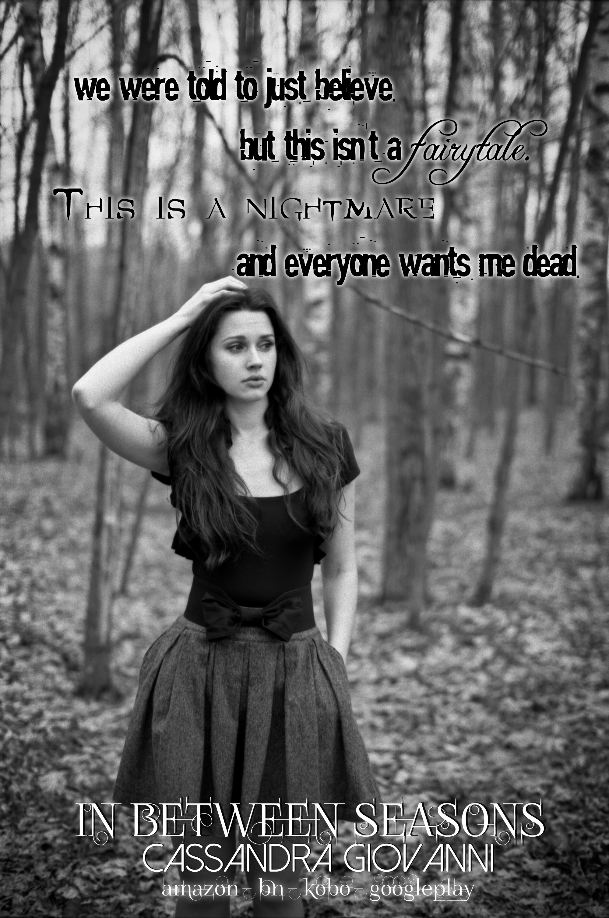 Young woman standing in dark forest