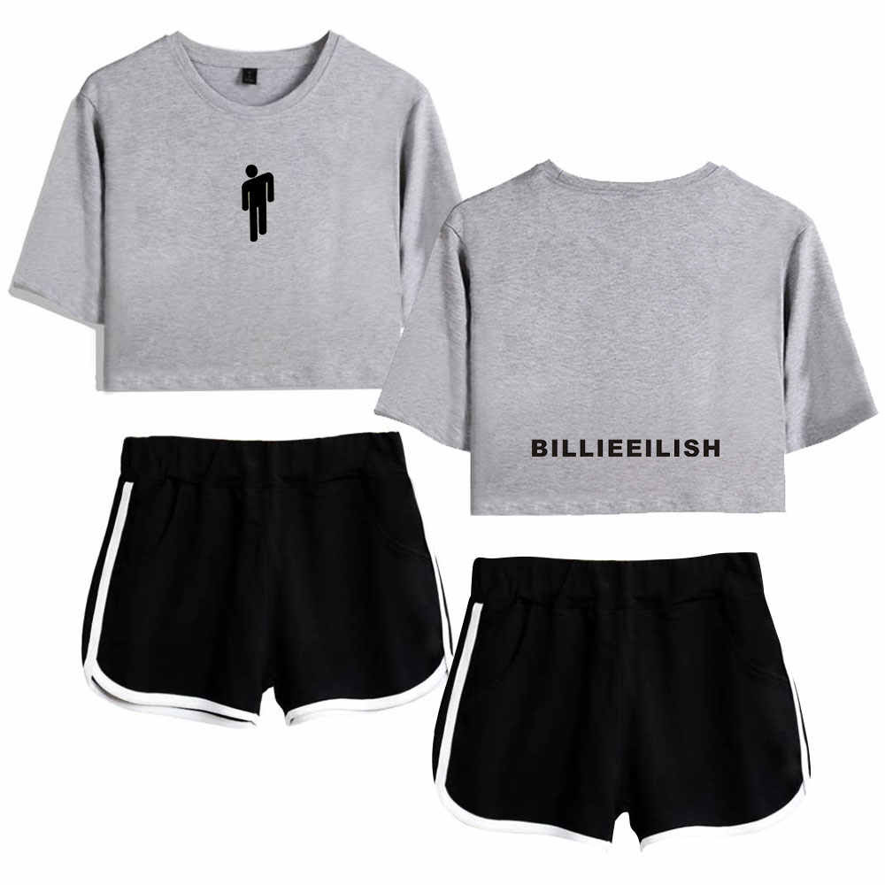 夏の女性のツーピース歌手ビリー Eilish グレーショート露出へそ T