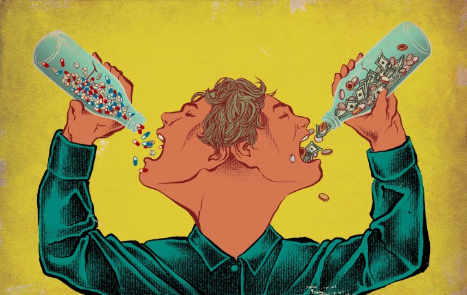 Person consuming overdose of medicines depicting concept of health expense