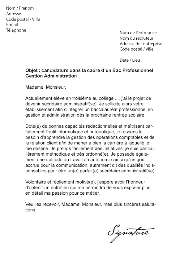 Lettre de motivation Bac Pro Gestion Administration 