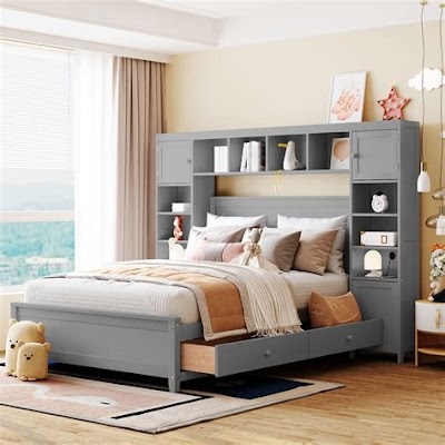 Interior Decorating Ideas For A Room With A Full Size Storage Bed And Bookcase Headboard